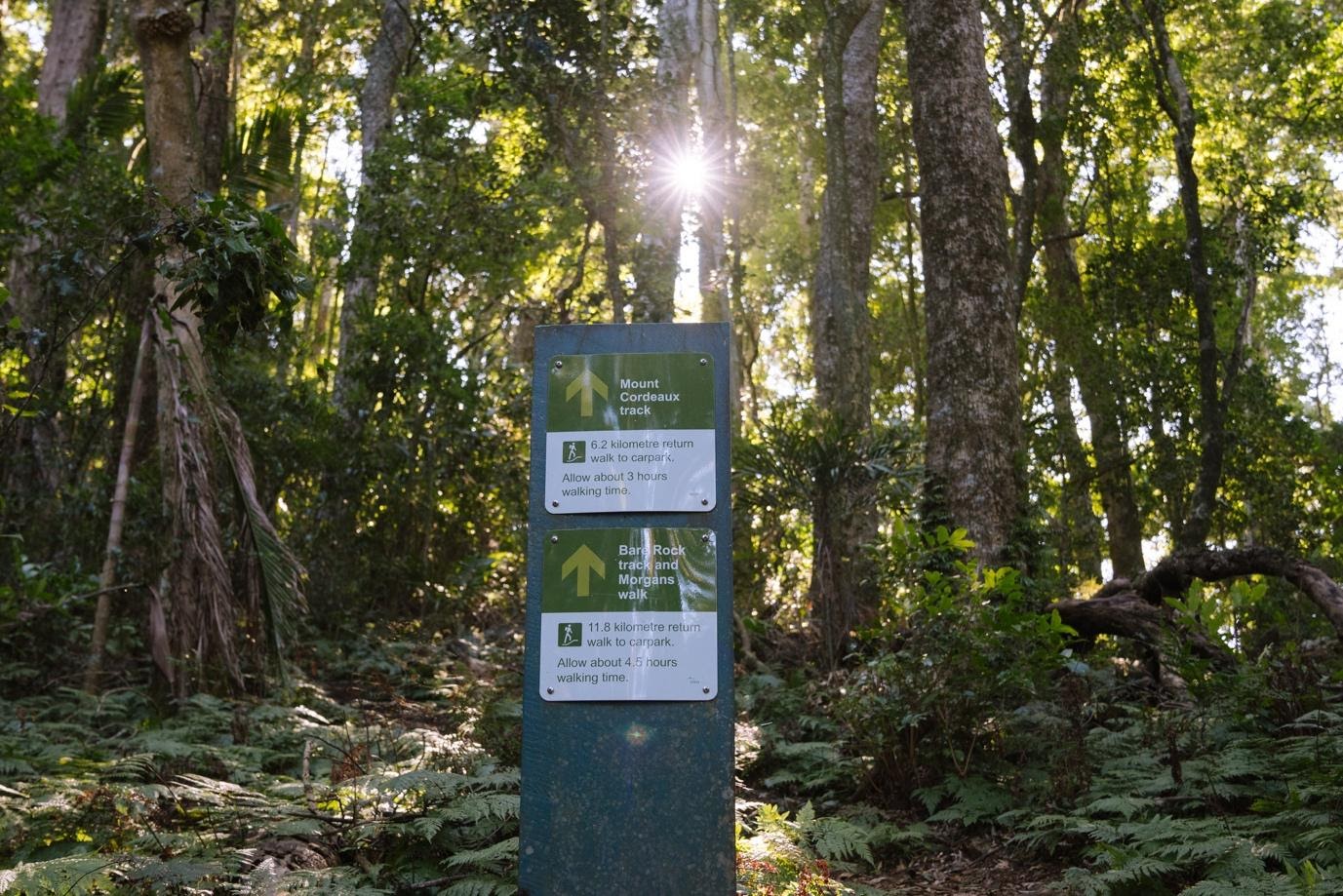 Signs at Mount Cordeaux track showing the hiking distance