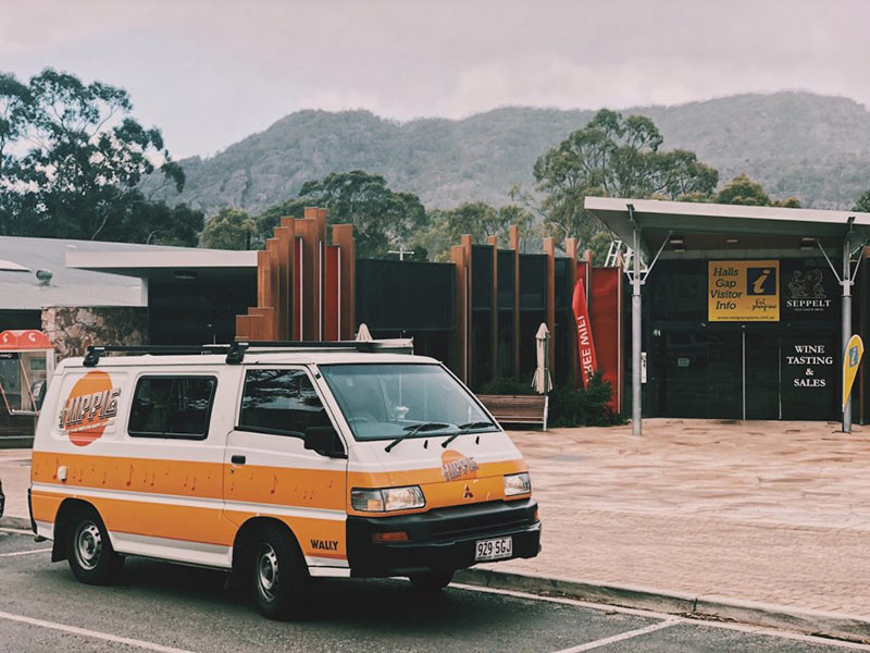 'Wally' the camper out the front of the information centre at Halls Gap