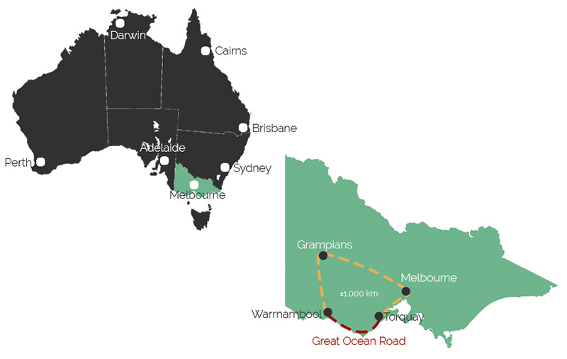 Map of Australia and the Great Ocean Road, Grampians Road Trip