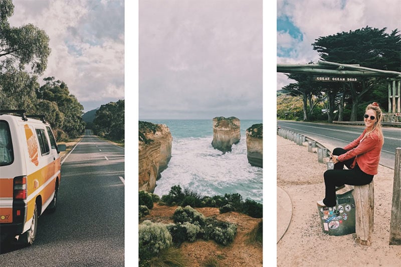 Combination of images showing the van on the road, the view along Great Ocean Road and Lonne taking a rest