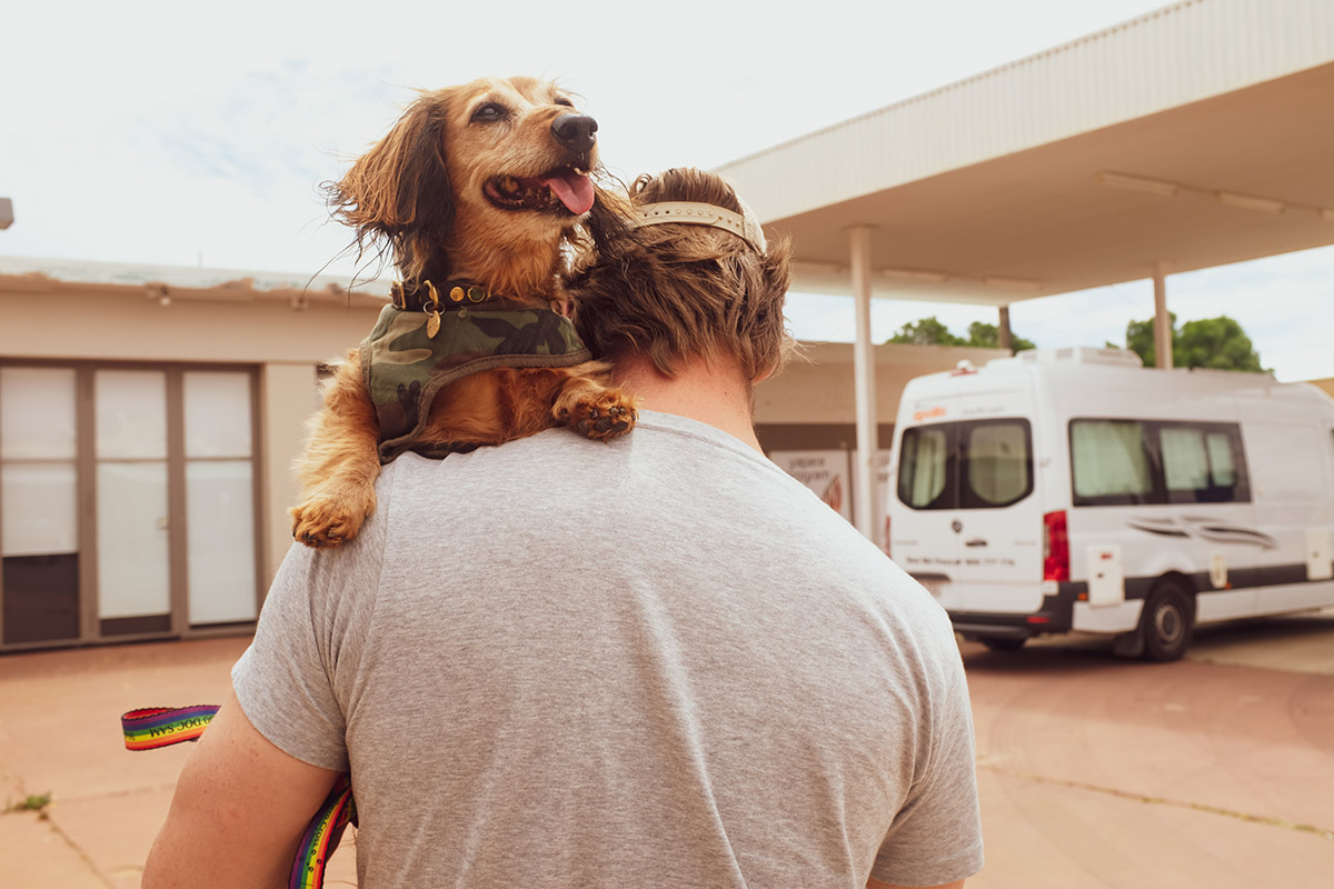 Sydney to Broken Hill - Thor, our sausage dog, on Ryan's shoulder